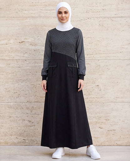 Urban Essentials Geometric Print Abaya Black ( pre-order )