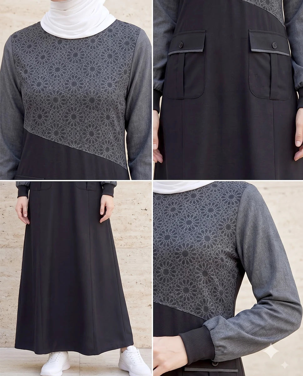 Urban Essentials Geometric Print Abaya Black ( pre-order )