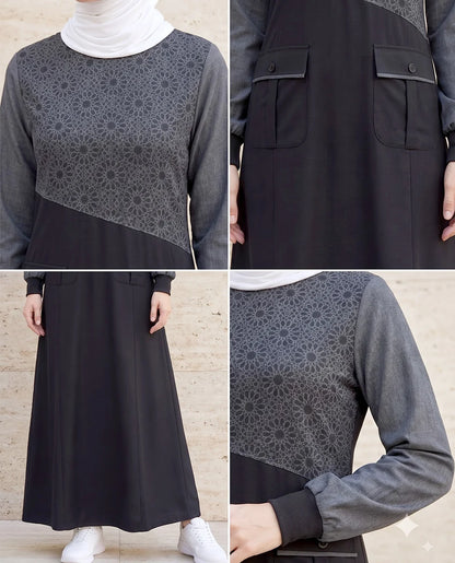 Urban Essentials Geometric Print Abaya Black ( pre-order )