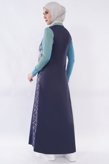 alwaan Oceanic Breeze jilbab in navy blue and sage green with geometric side panels and a relaxed fit